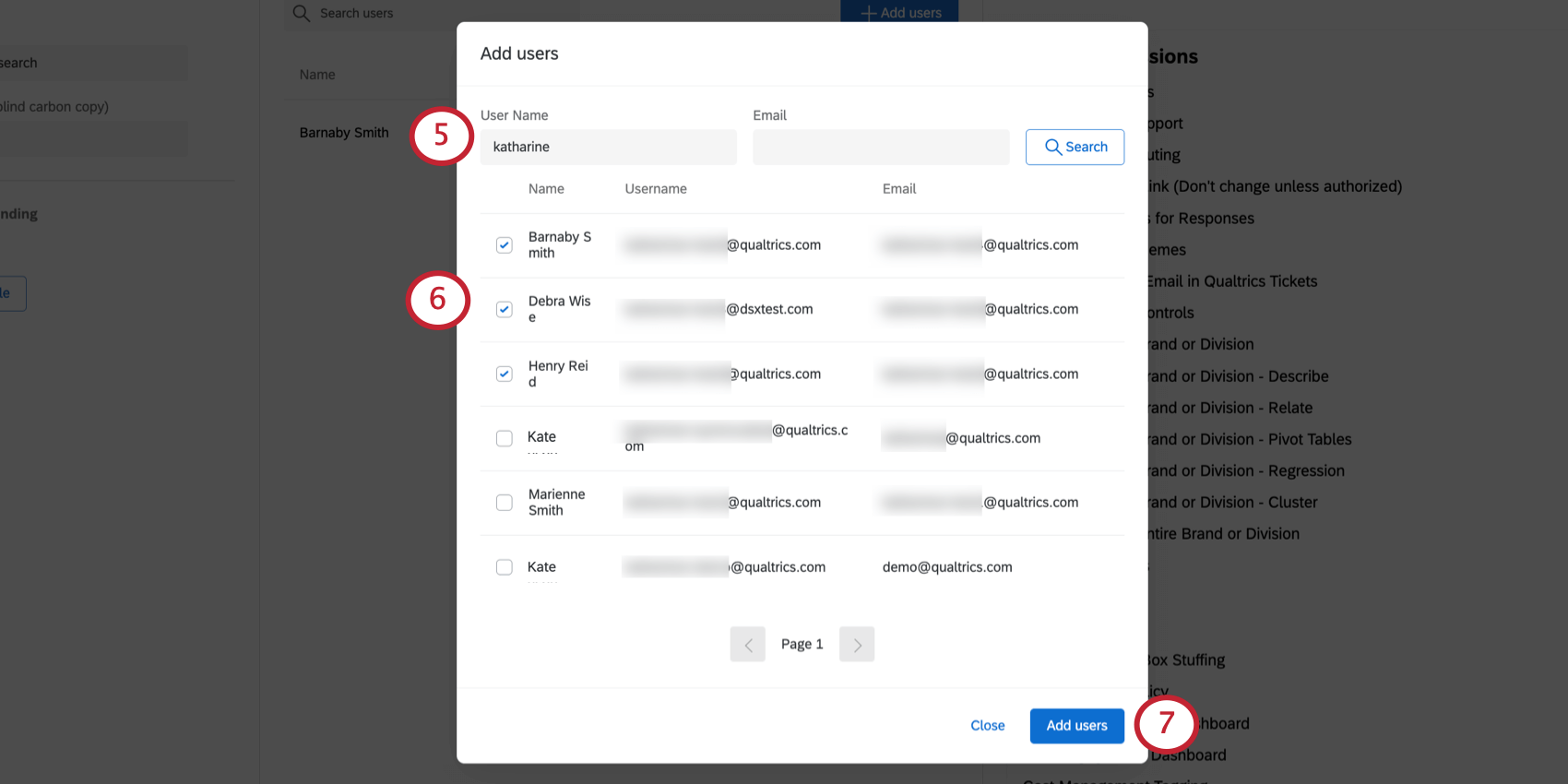 Modale in cui si cercano gli utenti per nome utente o e-mail, i risultati vengono mostrati come una lista di persone che si possono spuntare