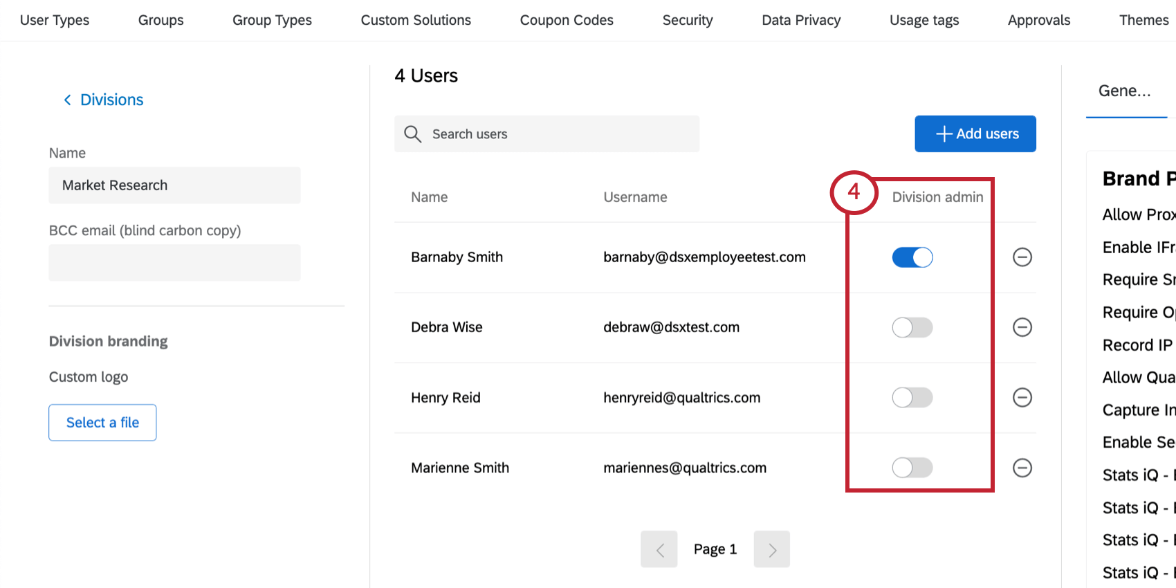 Users in a division, one is marked as a division administrator, the blue toggle enabled