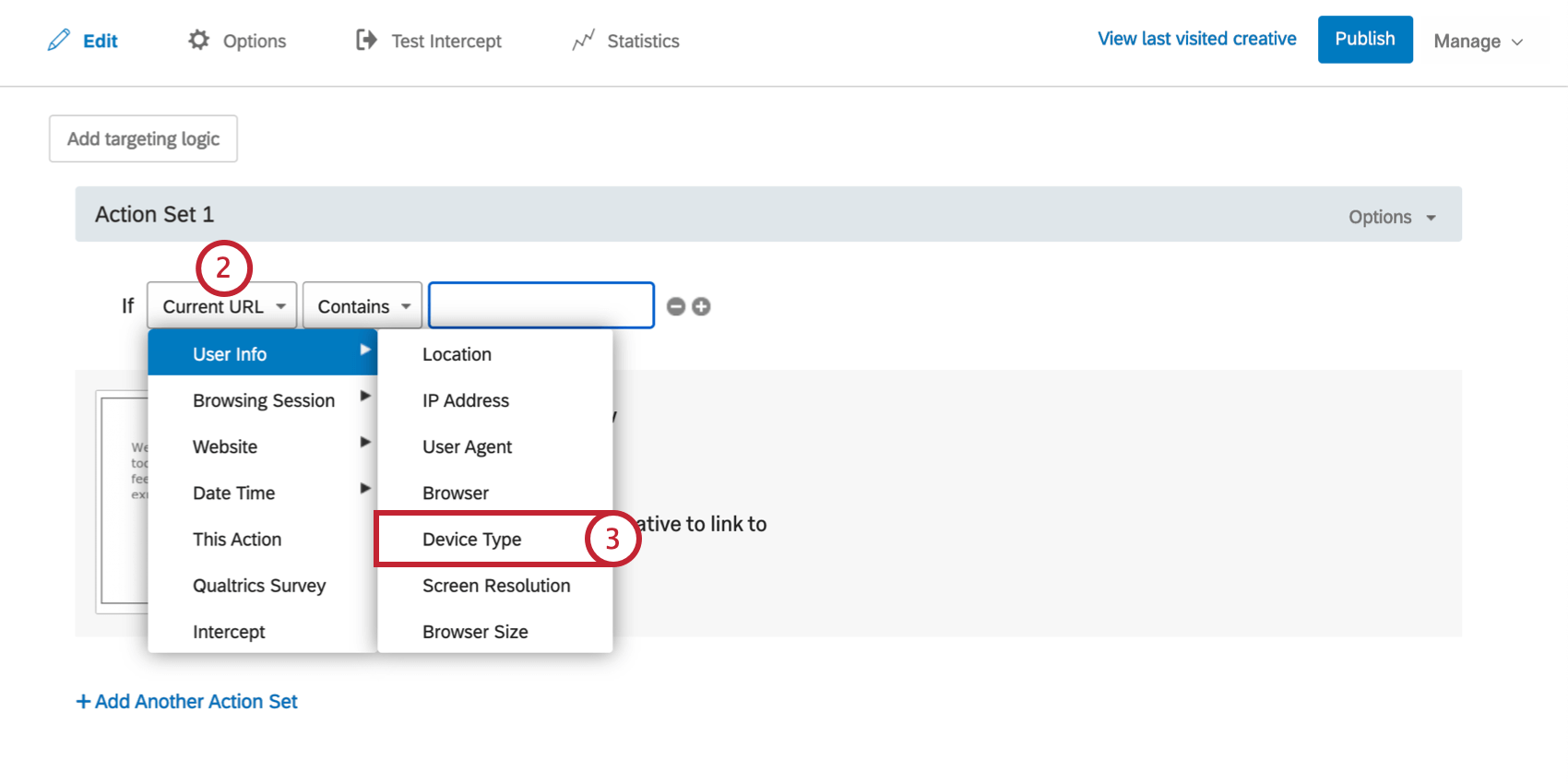 First field is dropped down, User Info is highlighted, and Device Type is selected