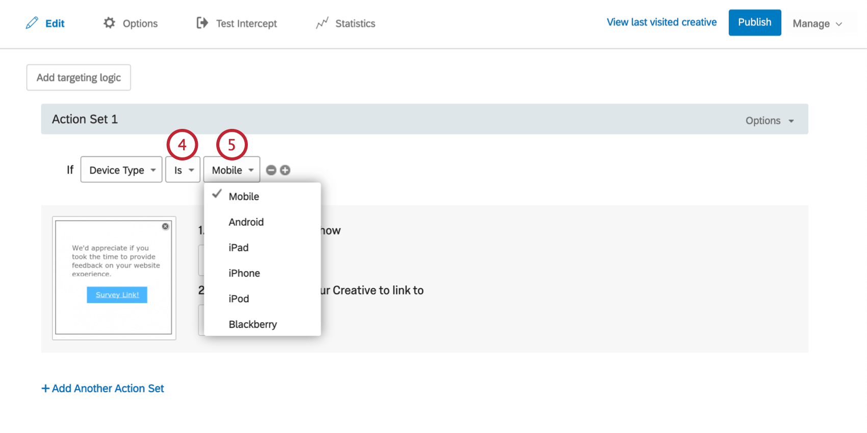 Bedingung gibt an, ob Gerätetyp "Mobil" mit mobilen Dropdown-Optionen ist