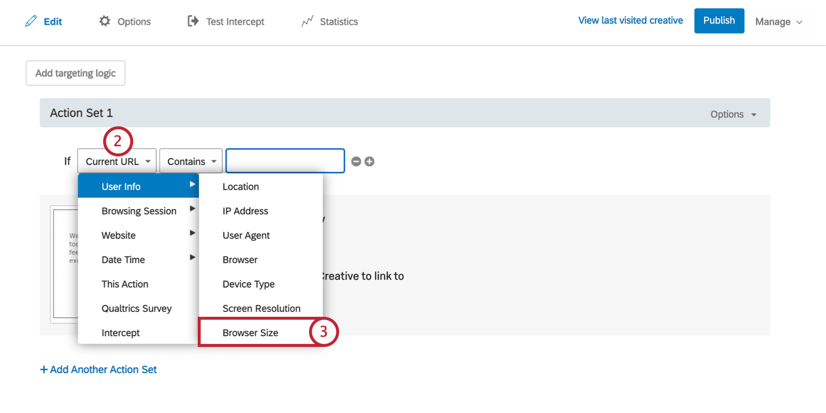 First field is expanded, User Info is highlighted, and Browser Size is selected