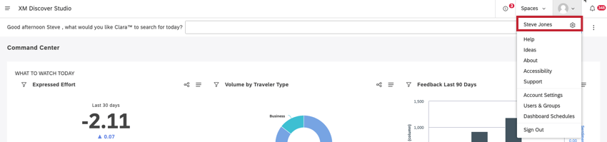 clicked profile icon in upper right of studio homepage opens a menu