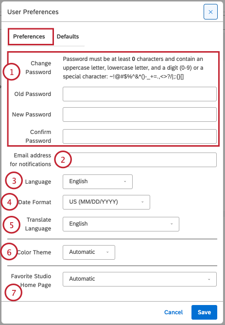 user preferences window