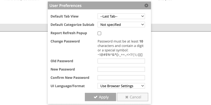 The user preferences window