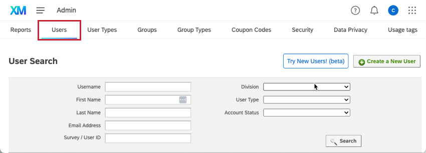 Users Tab within the Admin Page