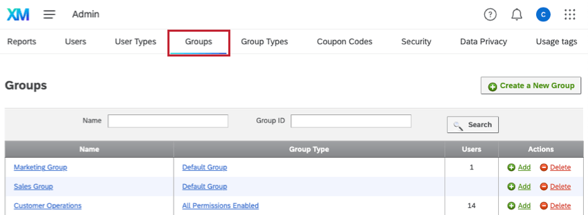 Guia Groups (Grupos) na página Admin