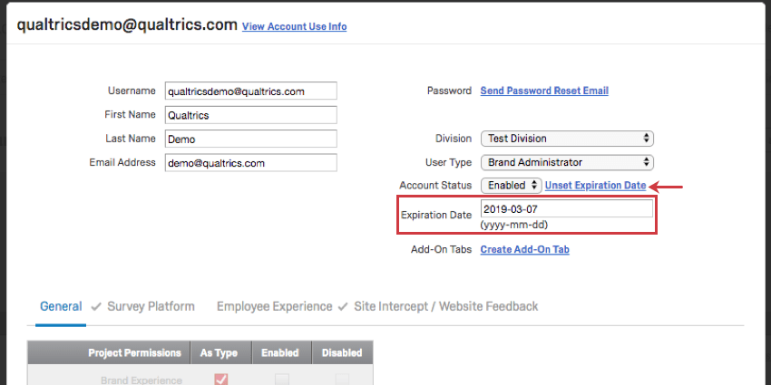 Expiration date with field for entering the date and format provided