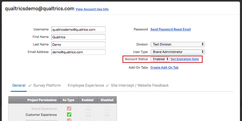 Account Status field highlighted on account editing window