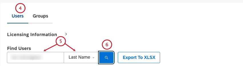 Selezionare la scheda Utenti . È possibile cercare gli utenti inserendo uno dei seguenti elementi nella casella Trova utenti e selezionando lopzione corrispondente dal menu: Nome o e-mail Nome e cognome Indirizzo e-mail Tipo di licenza Ultimo accesso Nome del gruppo. Fare clic sul pulsante Cerca.