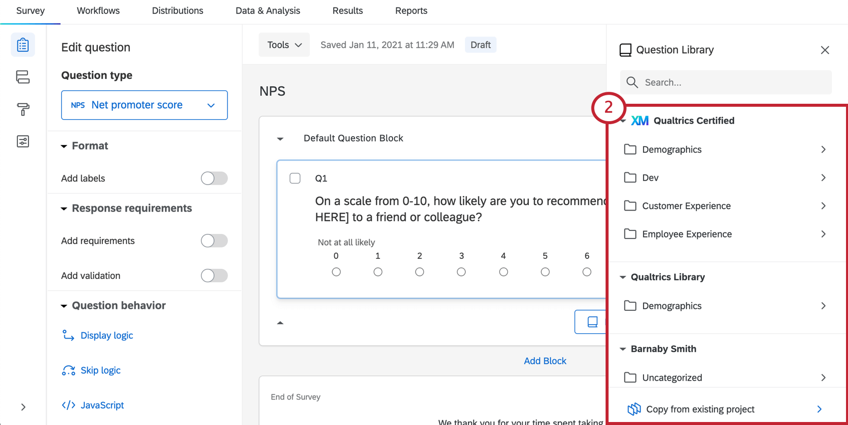 Immagine del menu della libreria che si apre quando si aggiunge una domanda della libreria nel Generatore di sondaggi