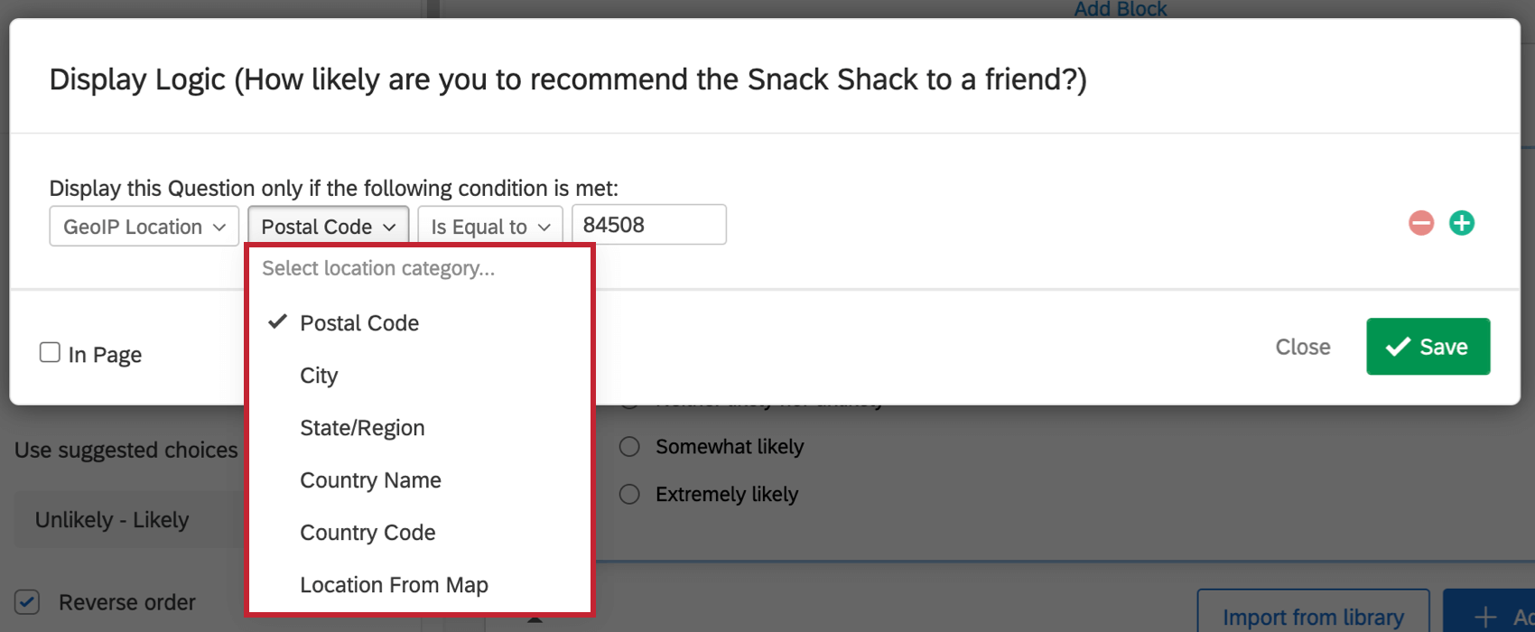 Select a location category / second dropdown expanded to show list