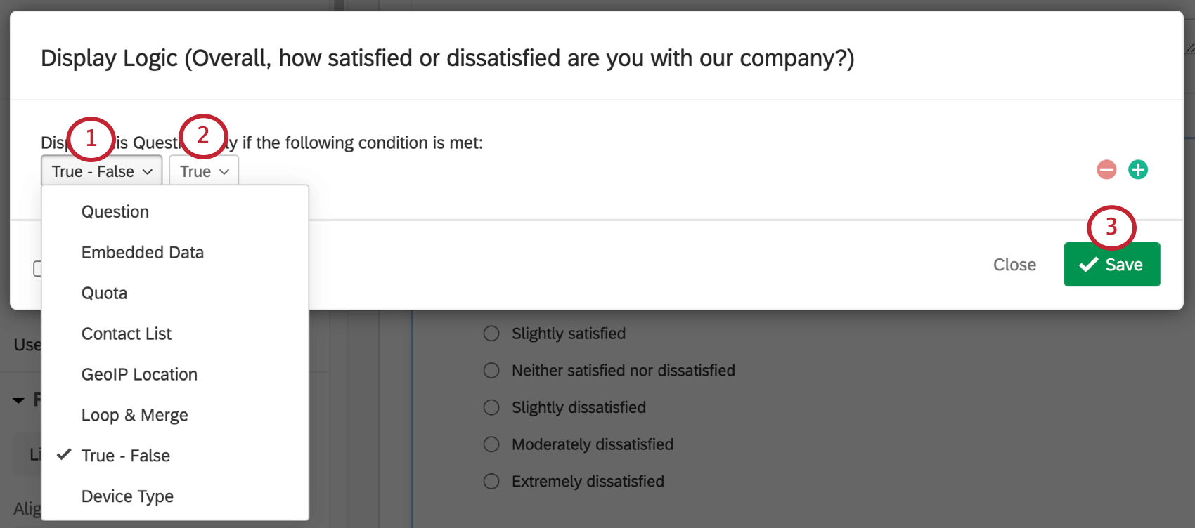 真/偽ロジックを使用して設定された論理ステートメント。ステートメントが真にセットされると、質問は常に表示されます。