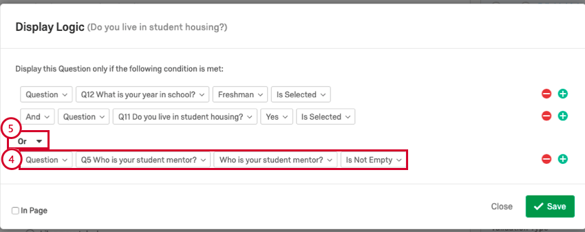 Ein fett formatiertes UND/ODER-Dropdown-Feld wird zwischen den Logiksätzen angezeigt.