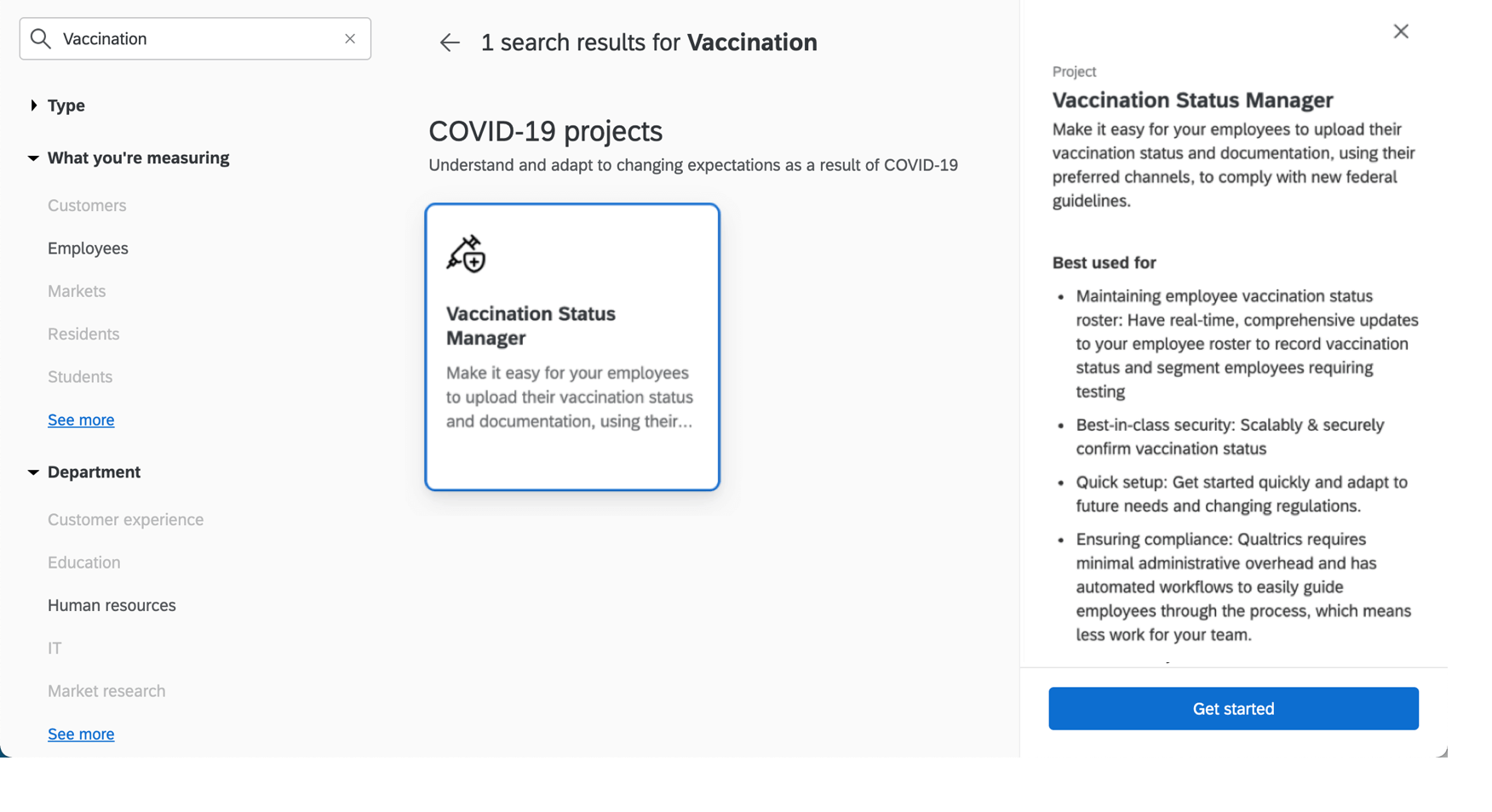 Uma imagem do gerente status de vacinação no catálogo; à direita, há uma descrição que termina em um botão Get started (Começar)