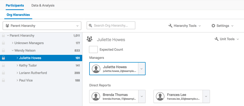 La pestaña de jerarquía de la organización