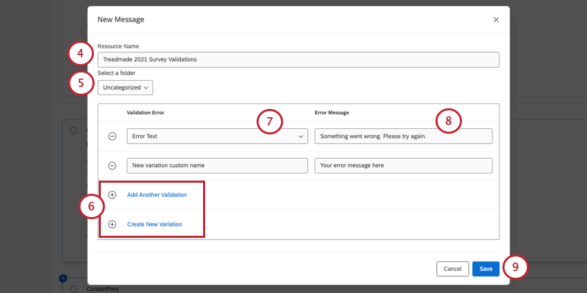 criar uma nova mensagem validação. A mensagem recebe uma descrição, uma pasta e uma mensagem de erro
