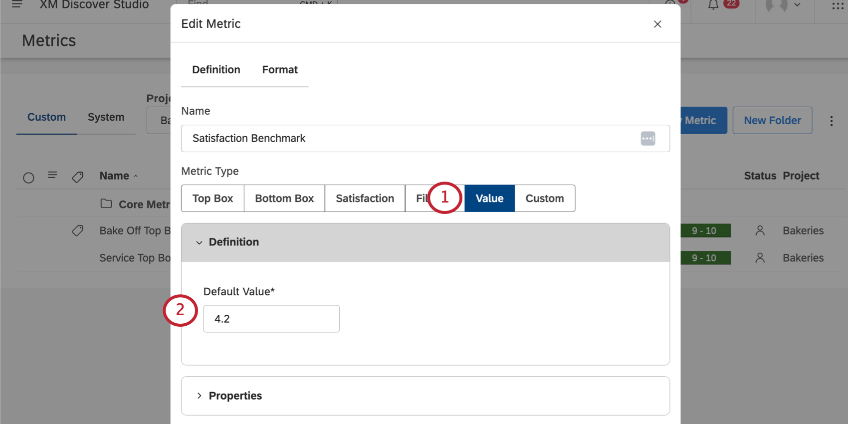Creating a value metric in the new window that appears