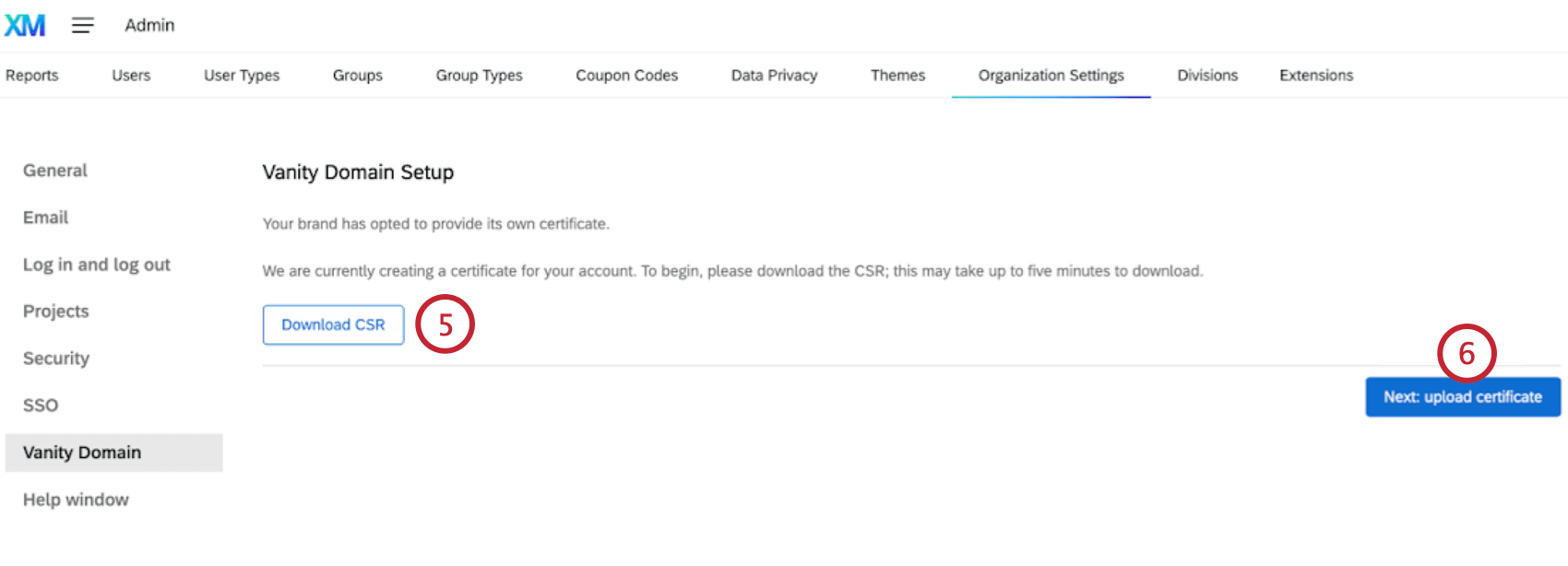 opzioni di configurazione del dominio vanity per lutilizzo del proprio certificato