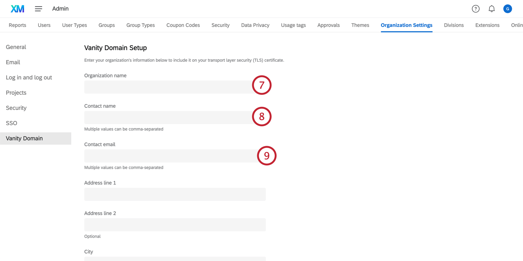 Filling out the vanity domain form information
