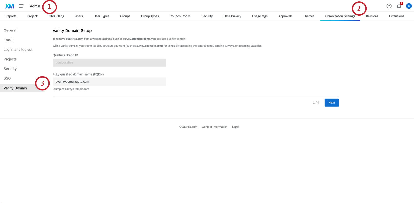 Navigating to the vanity domains in the Admin section
