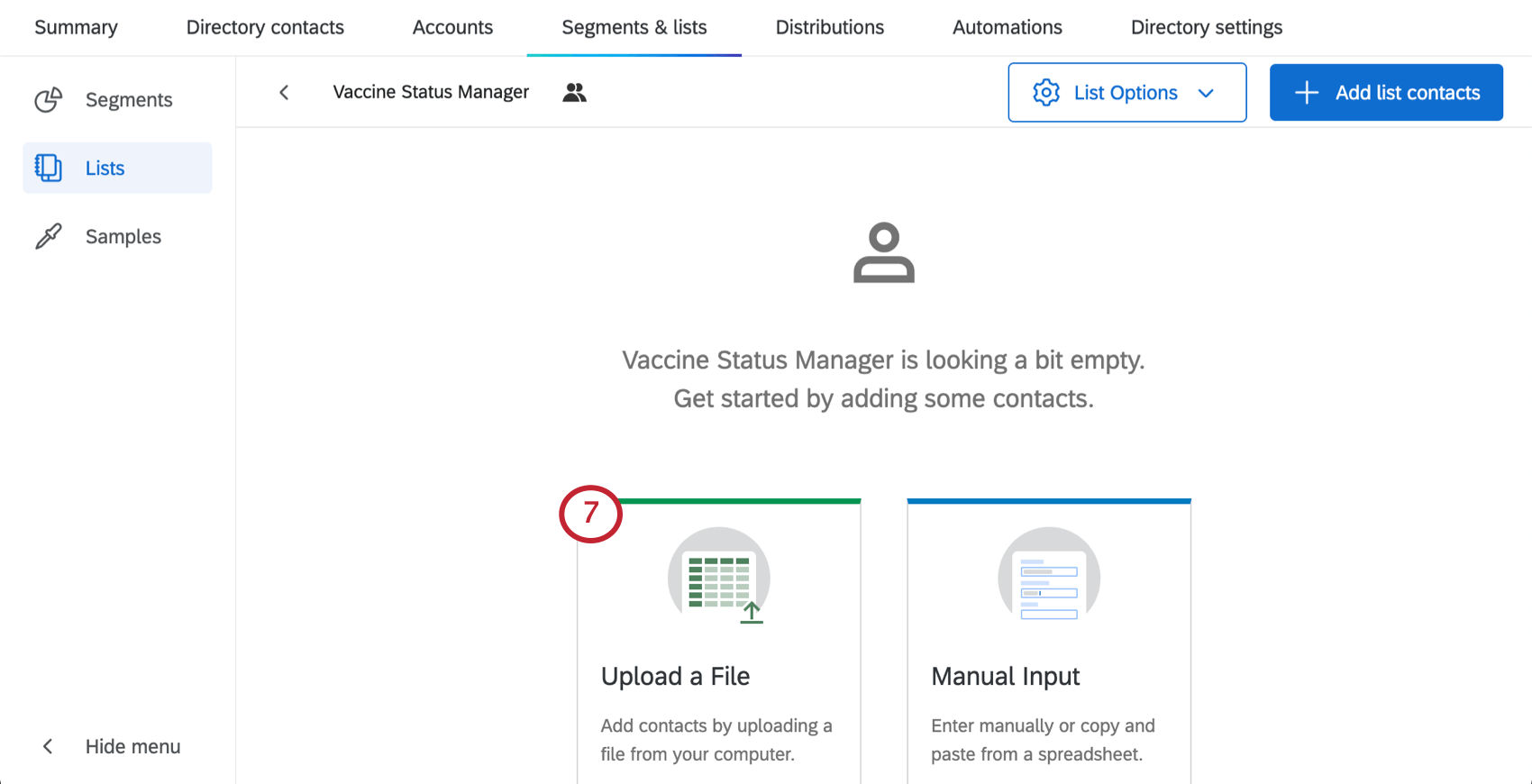 Image de la liste nouvellement créée - deux options en bas pour les méthodes dajout de contacts
