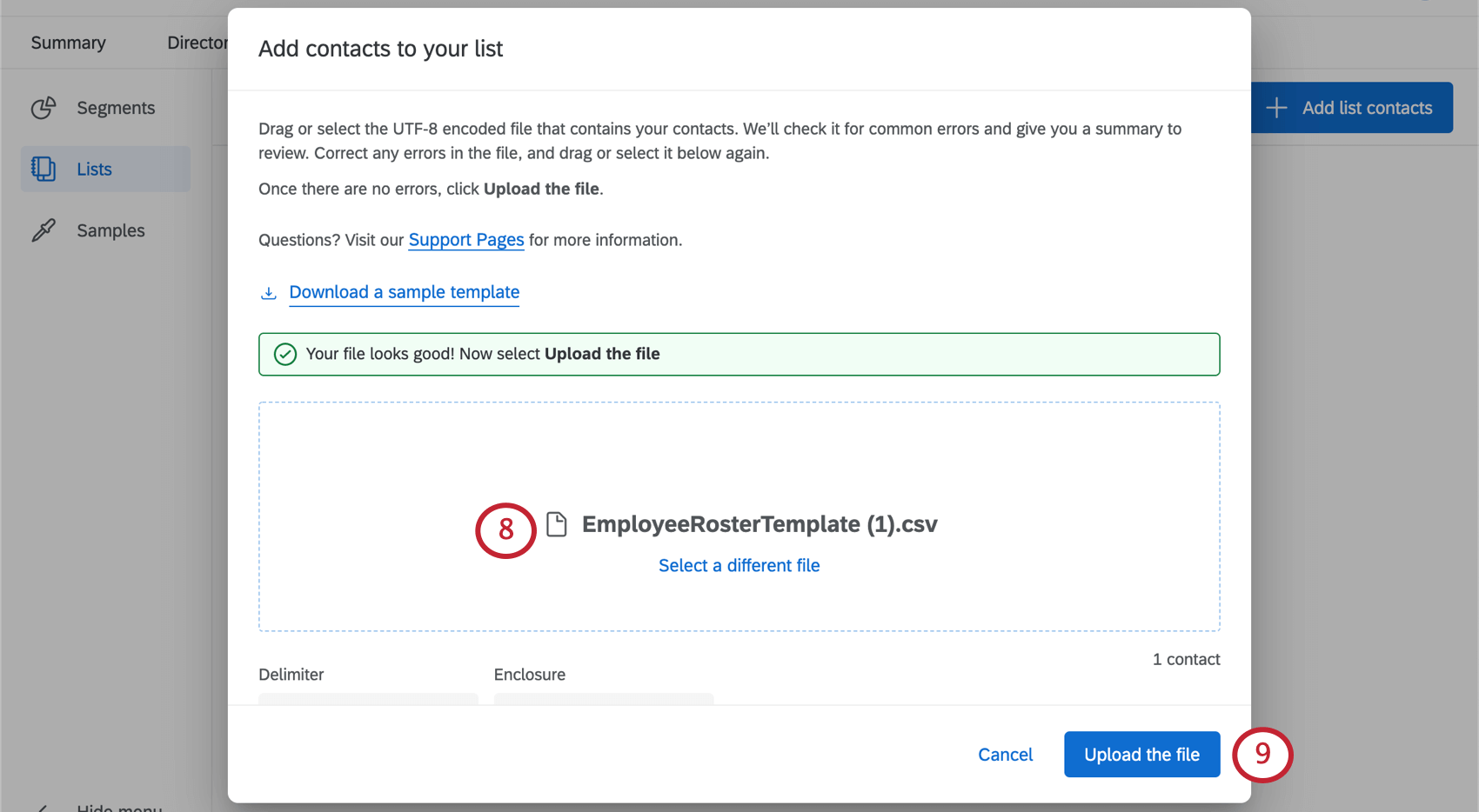 Image of new window where file can be dragged and dropped to / clicked to be uploaded in the center