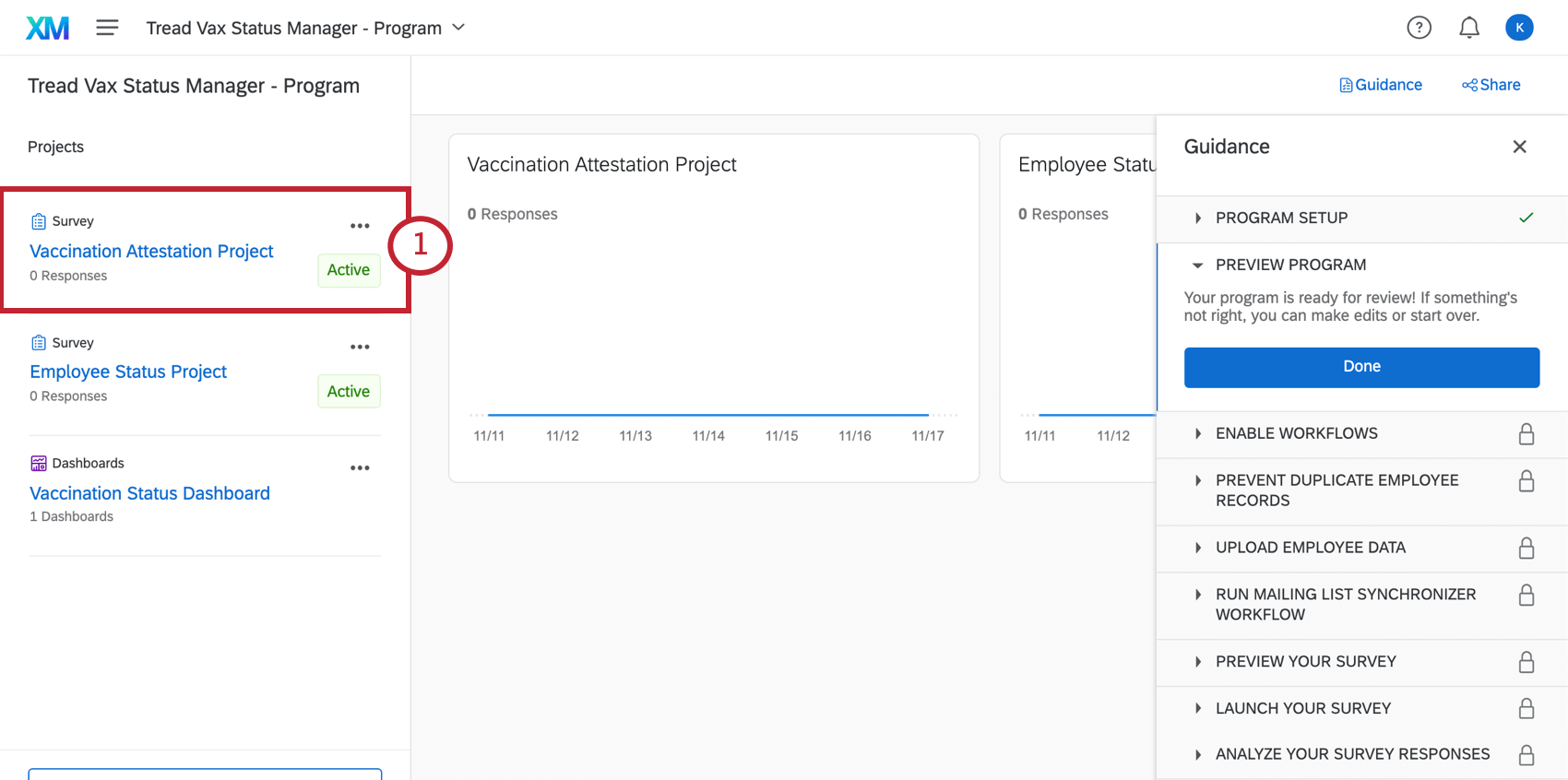 Imagem da pesquisa de atestado de vacinação na lista projetos à esquerda dentro do programa