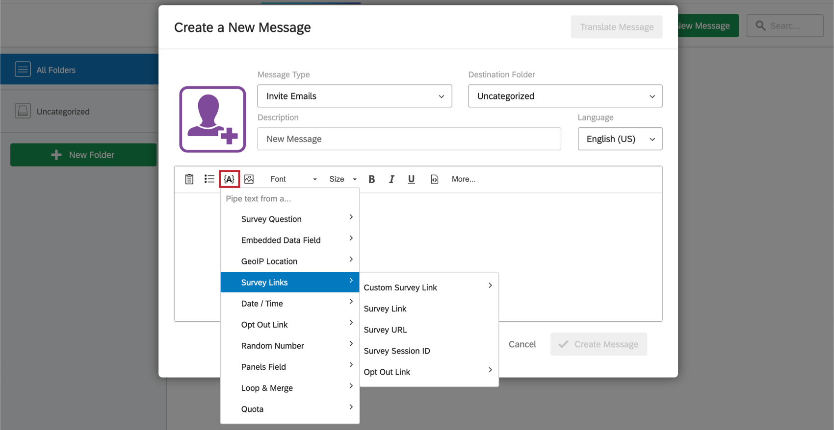 Imagen de un mensaje de invitación que se está creando; en el editor de contenido enriquecido donde puede agregar el texto del mensaje, hay un botón para texto dinámico, con opciones de enlace de encuesta