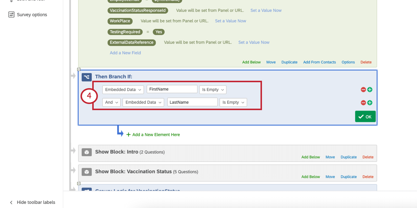 Limage montre que la condition de la branche dit exactement ceci : les données intégrées Firstname sont vides et les données intégrées Lastname sont vides