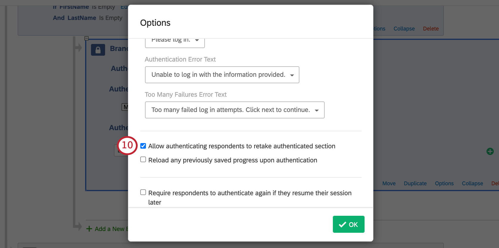 Image of the options window in the authenticator