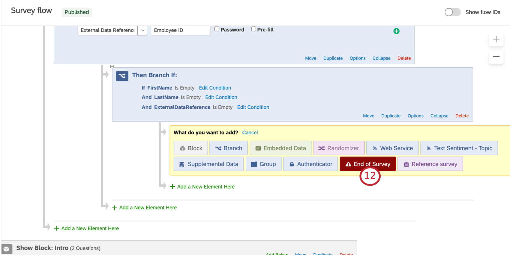 Image of end of survey element indented under the new branch
