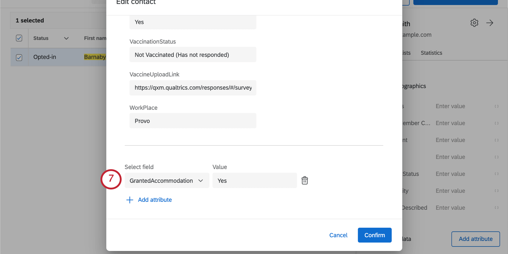 After you click the add attribute button, a window opens where you can add the GrantedAccommodation field and value