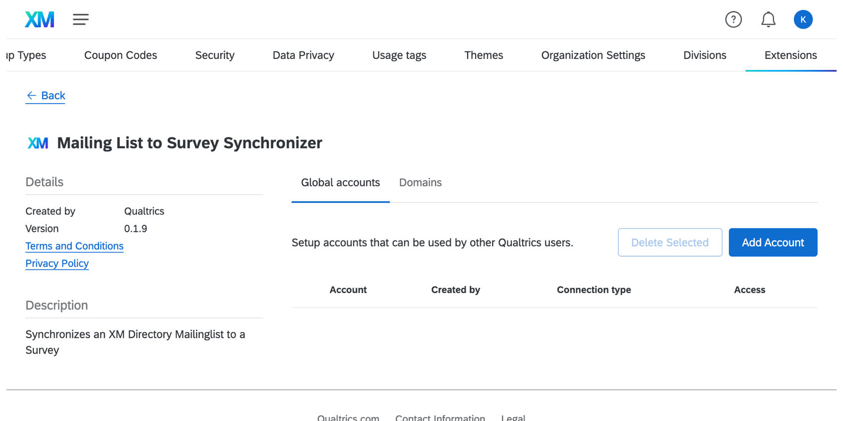 Imagen de la página de credenciales del sincronizador de encuesta de la lista de distribución , que tiene un botón para agregar una cuenta al igual que el del servicio web.