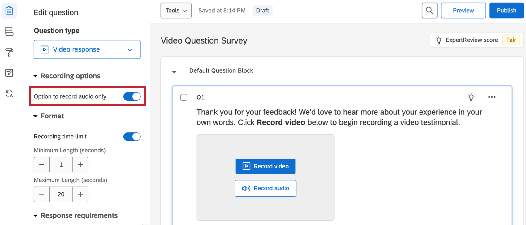 option to allow audio only recording within the survey builder