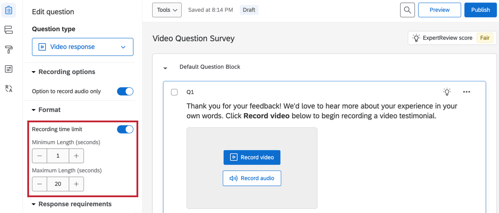 the recording time limit options when building a video question