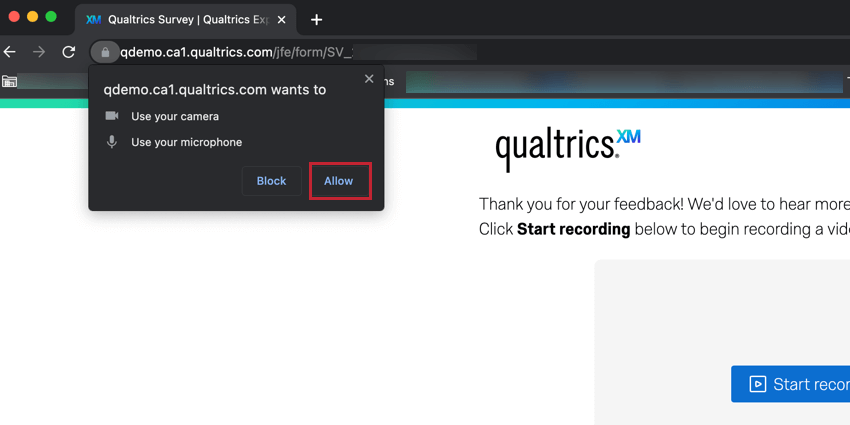 Klicken Sie im Berechtigungs-Popup auf „Zulassen“, damit Qualtrics auf das Mikrofon und die Kamera des Geräts zugreifen kann.