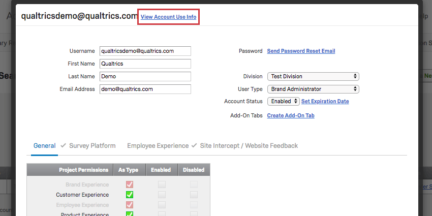 View account use info at the very top of the window as described