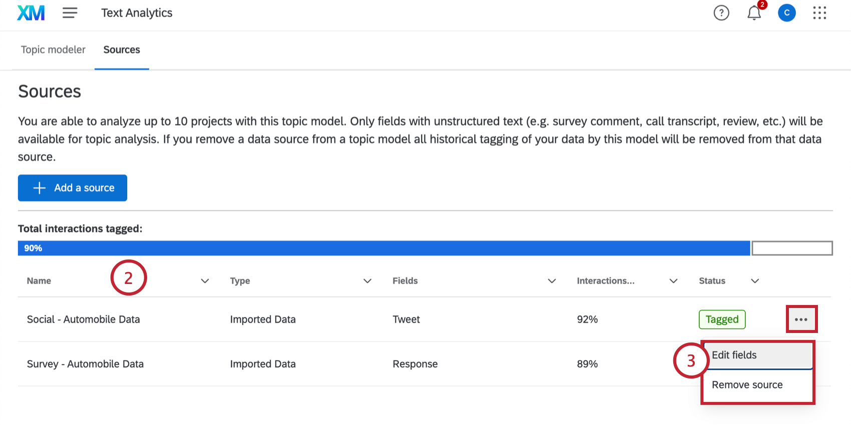 viewing the connected sources and editing them