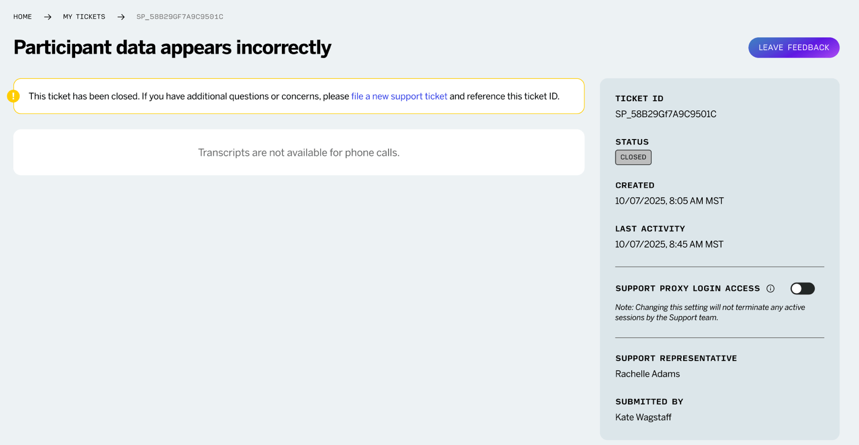 viewing a closed phone ticket in the hub