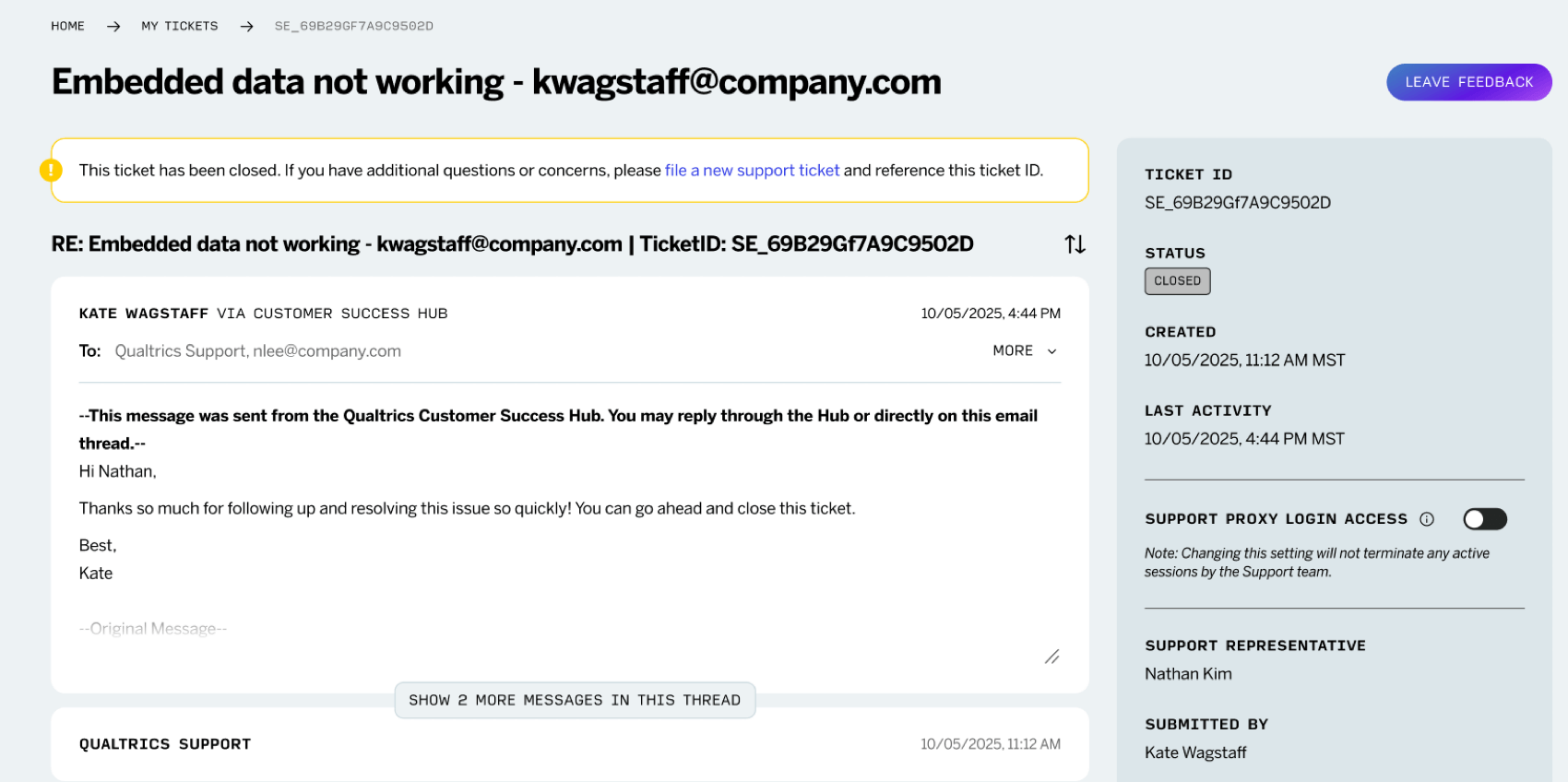 um tíquete de suporte fechado