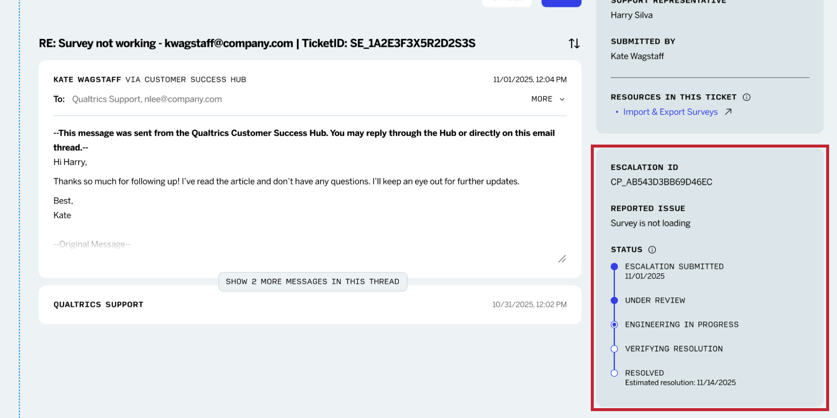 anzeige von Eskalationsinformationen im Ticket des Supports