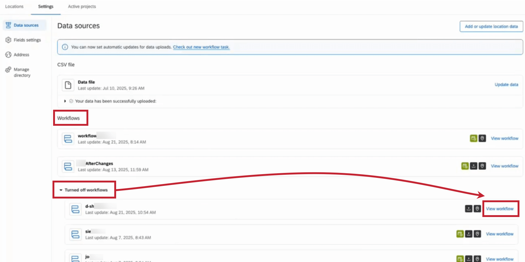 auf der Registerkarte "Einstellungen", Anzeige der Locations-Workflows