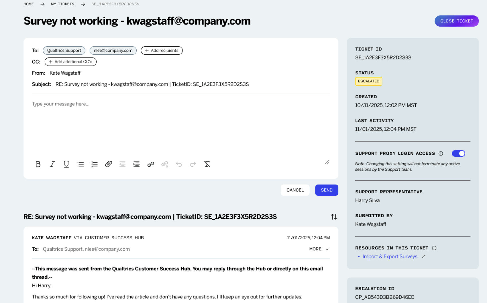 visualização de um tíquete de e-mail no hub
