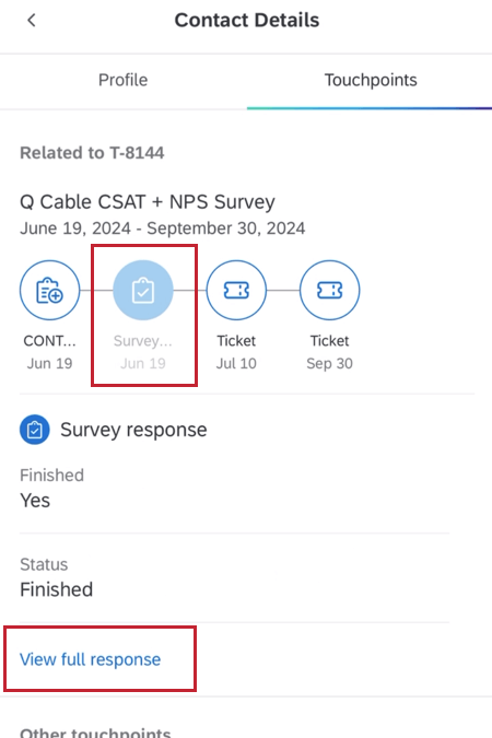selecting a survey response touchpoint and then "view full response"