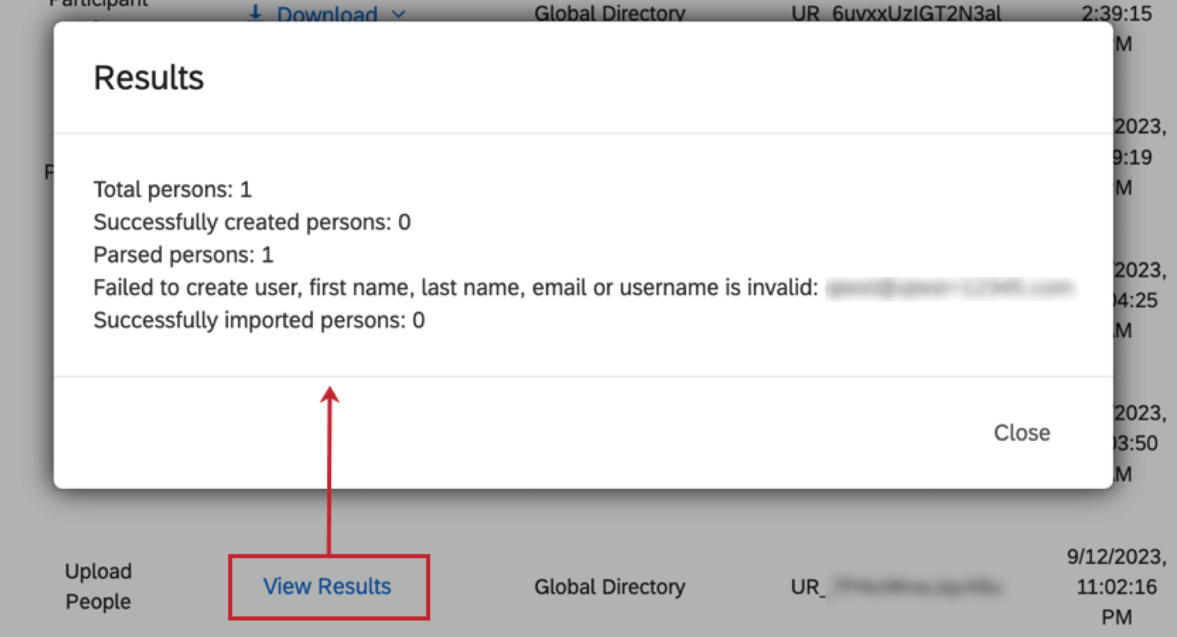 clicking view results in the status column