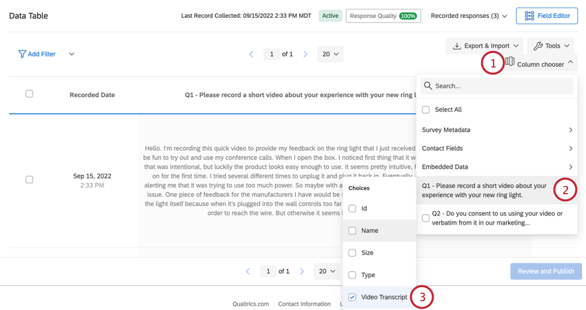 agregar la transcripción utilizando el selector de columnas