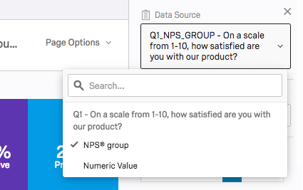 pour la source de données de la question NPS, vous pouvez sélectionner un groupe NPS ou une valeur numérique