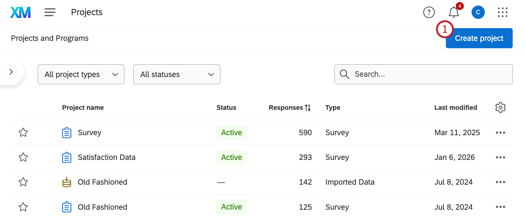 "create project" button within the projects page