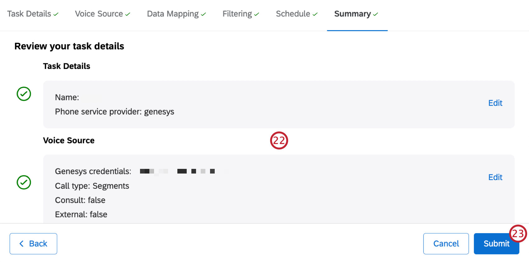 screen with all task details to review before saving the task