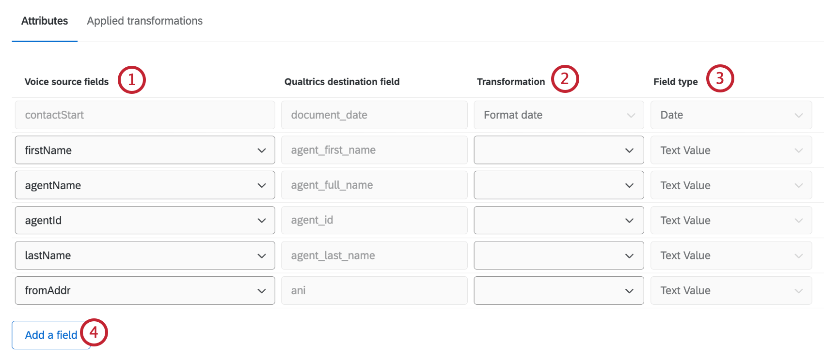 the mapping attributes screen within a voice project with numbers assigned to each mapping step